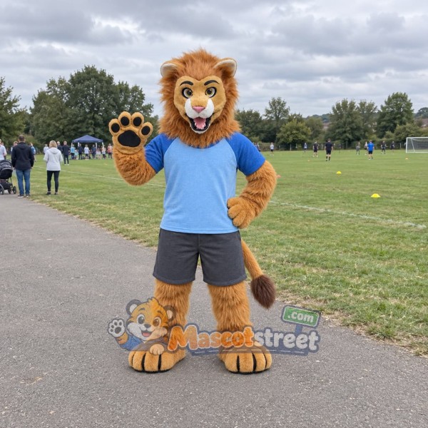 Brown Lion Mascot Costume with Blue Shirt and Gray Shorts