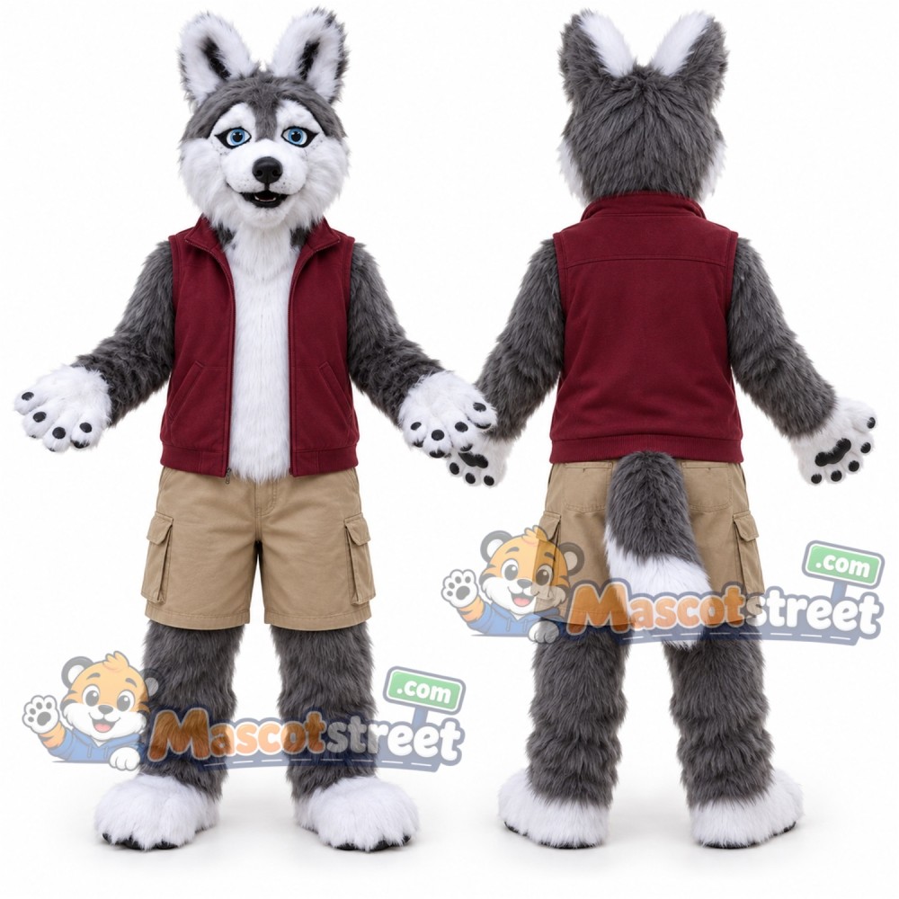 Gray Wolf Mascot Costume with Burgundy Vest and Khaki Shorts