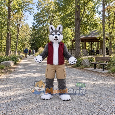 Gray Wolf Mascot Costume with Burgundy Vest and Khaki Shorts