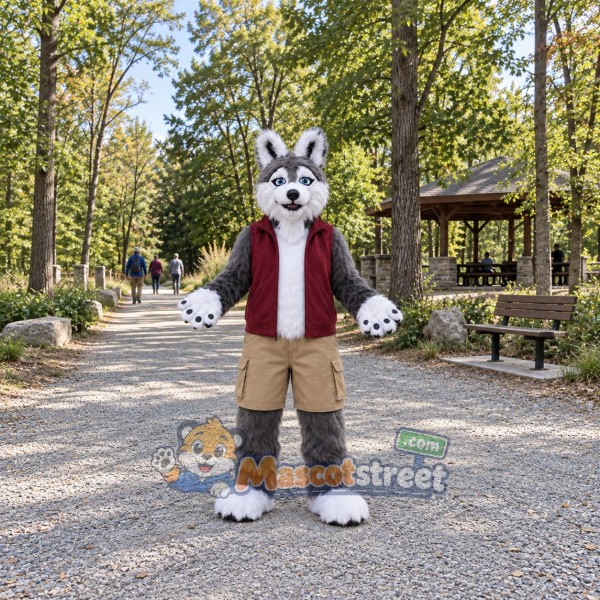 Gray Wolf Mascot Costume with Burgundy Vest and Khaki Shorts