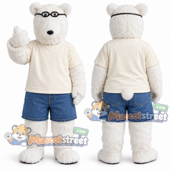 Polar Bear Mascot Costume with Cream Sweater and Blue Shorts