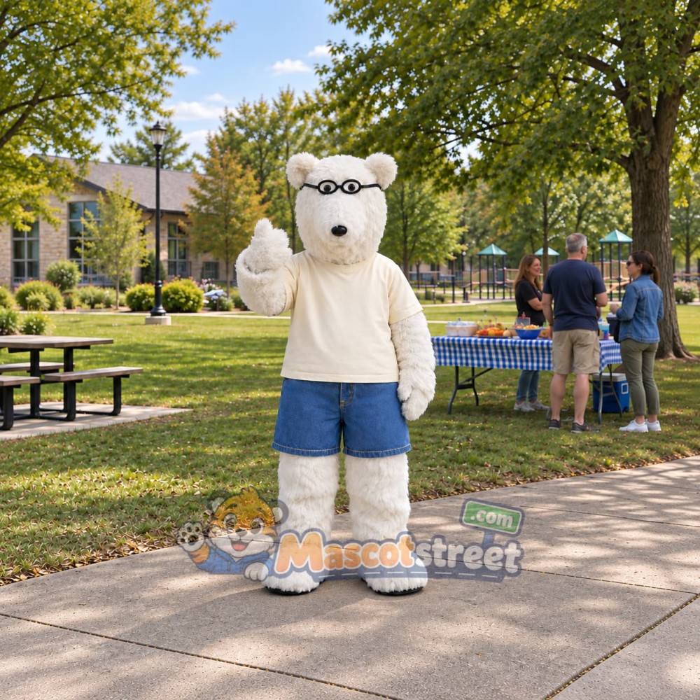 Polar Bear Mascot Costume with Cream Sweater and Blue Shorts Polar Bear Mascot Costume with Cream Sweater and Blue Shorts