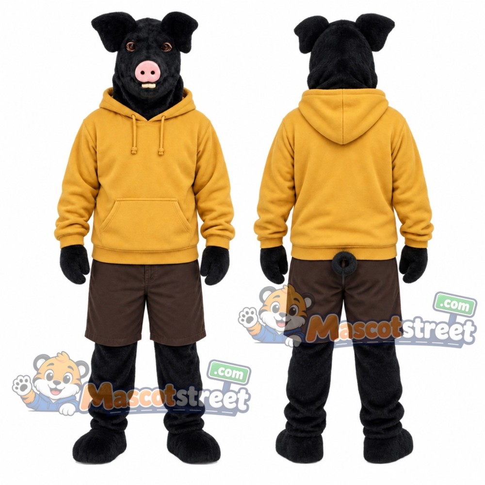 Black Pig Mascot Costume with Yellow Hoodie and Brown Shorts