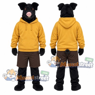Black Pig Mascot Costume with Yellow Hoodie and Brown Shorts