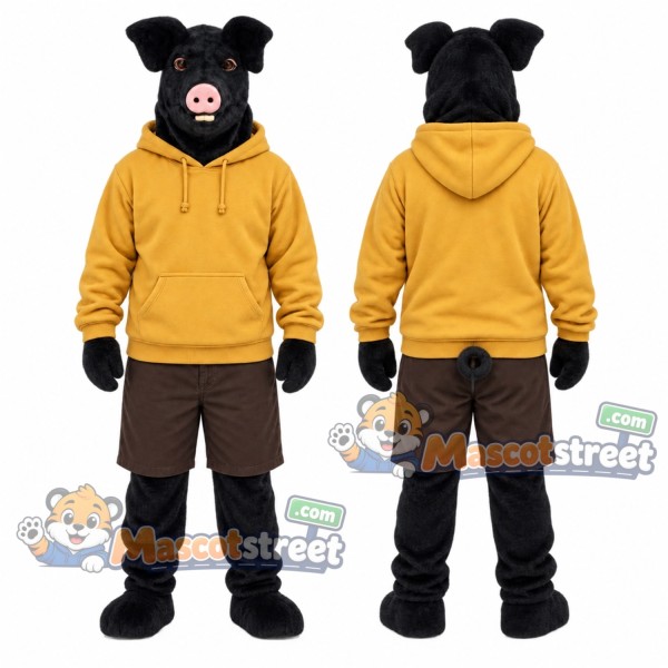 Black Pig Mascot Costume with Yellow Hoodie and Brown Shorts