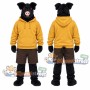 Black Pig Mascot Costume with Yellow Hoodie and Brown Shorts