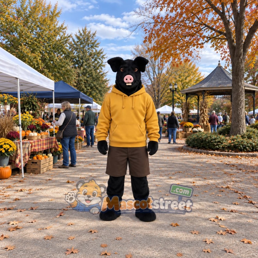 Black Pig Mascot Costume with Yellow Hoodie and Brown Shorts