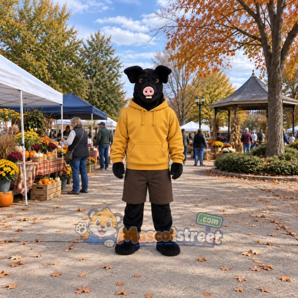 Black Pig Mascot Costume with Yellow Hoodie and Brown Shorts