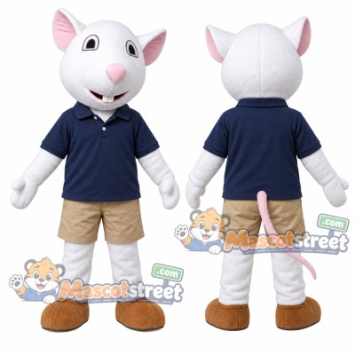White Mouse Mascot Costume with Navy Shirt and Khaki Shorts