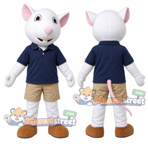 White Mouse Mascot Costume with Navy Shirt and Khaki Shorts