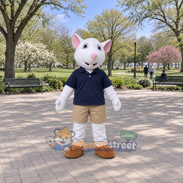 White Mouse Mascot Costume with Navy Shirt and Khaki Shorts