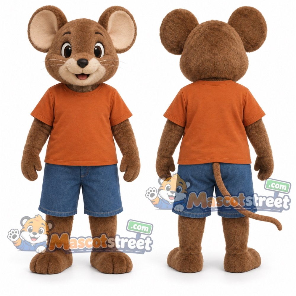 Brown Mouse Mascot Costume with Orange Shirt and Blue Shorts