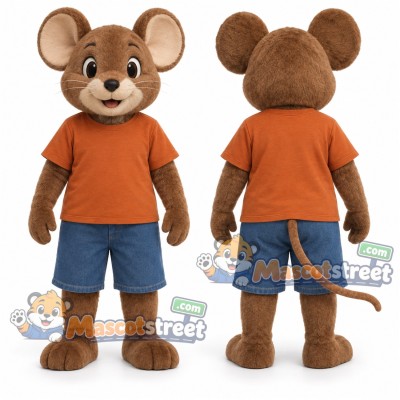 Brown Mouse Mascot Costume with Orange Shirt and Blue Shorts