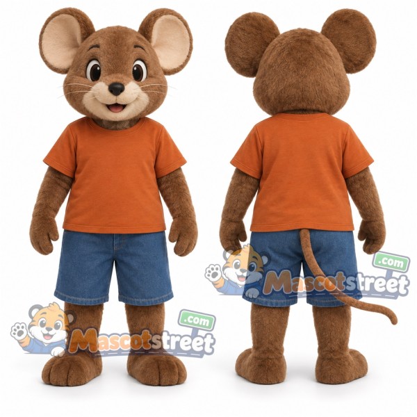 Brown Mouse Mascot Costume with Orange Shirt and Blue Shorts