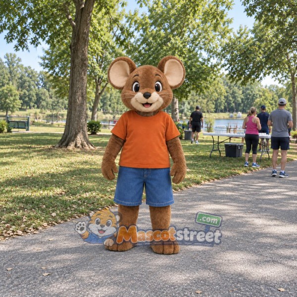 Brown Mouse Mascot Costume with Orange Shirt and Blue Shorts