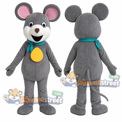 Gray Mouse Mascot Costume with Teal Scarf and Gold Medallion Gray Mouse Mascot Costume with Teal Scarf and Gold Medallion