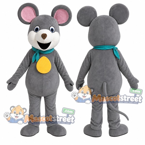 Gray Mouse Mascot Costume with Teal Scarf and Gold Medallion
