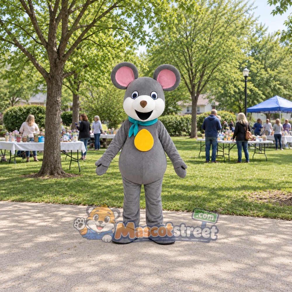 Gray Mouse Mascot Costume with Teal Scarf and Gold Medallion Gray Mouse Mascot Costume with Teal Scarf and Gold Medallion
