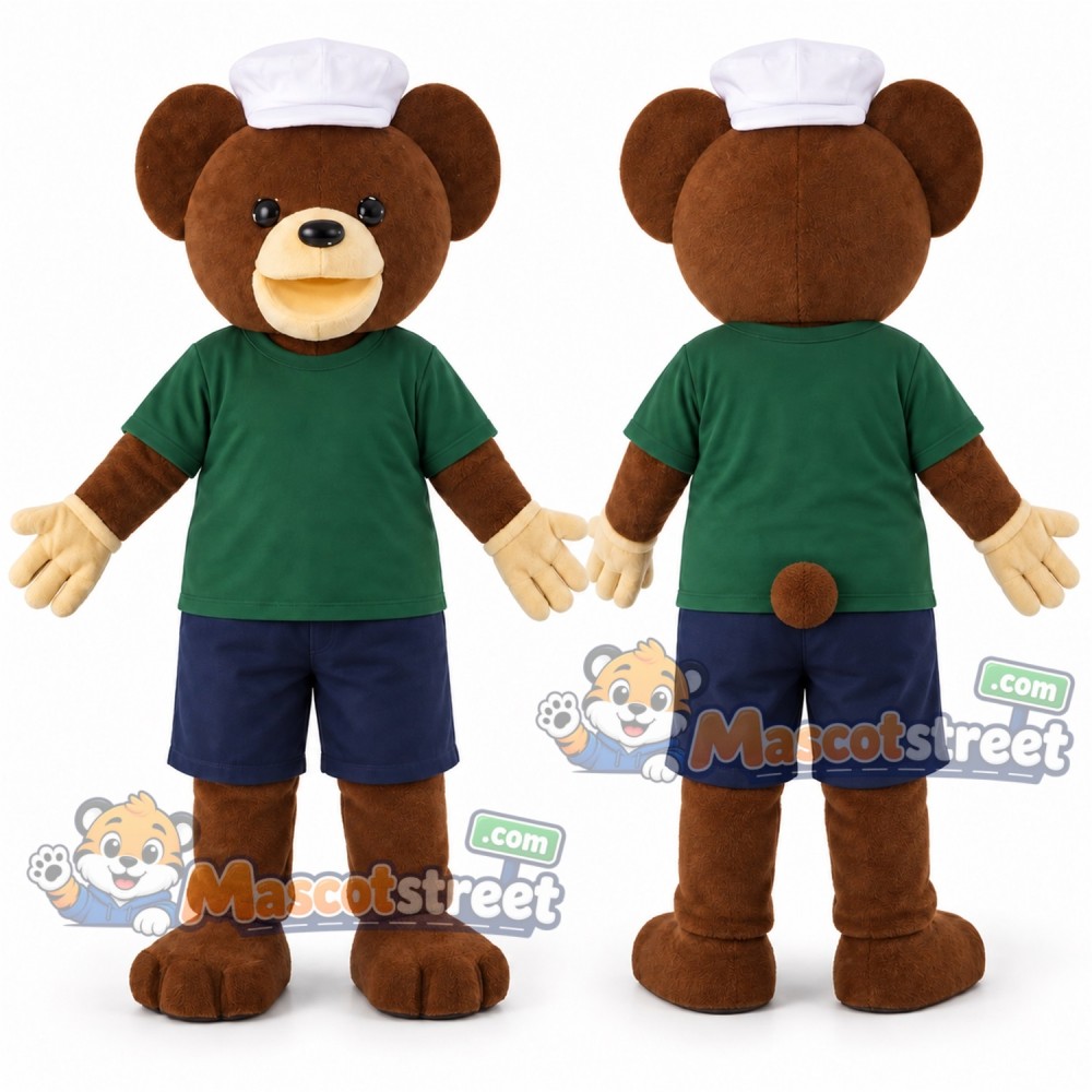 Brown Bear Mascot Costume with Green Shirt and Nurse Hat Brown Bear Mascot Costume with Green Shirt and Nurse Hat