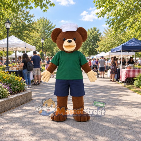 Brown Bear Mascot Costume with Green Shirt and Nurse Hat