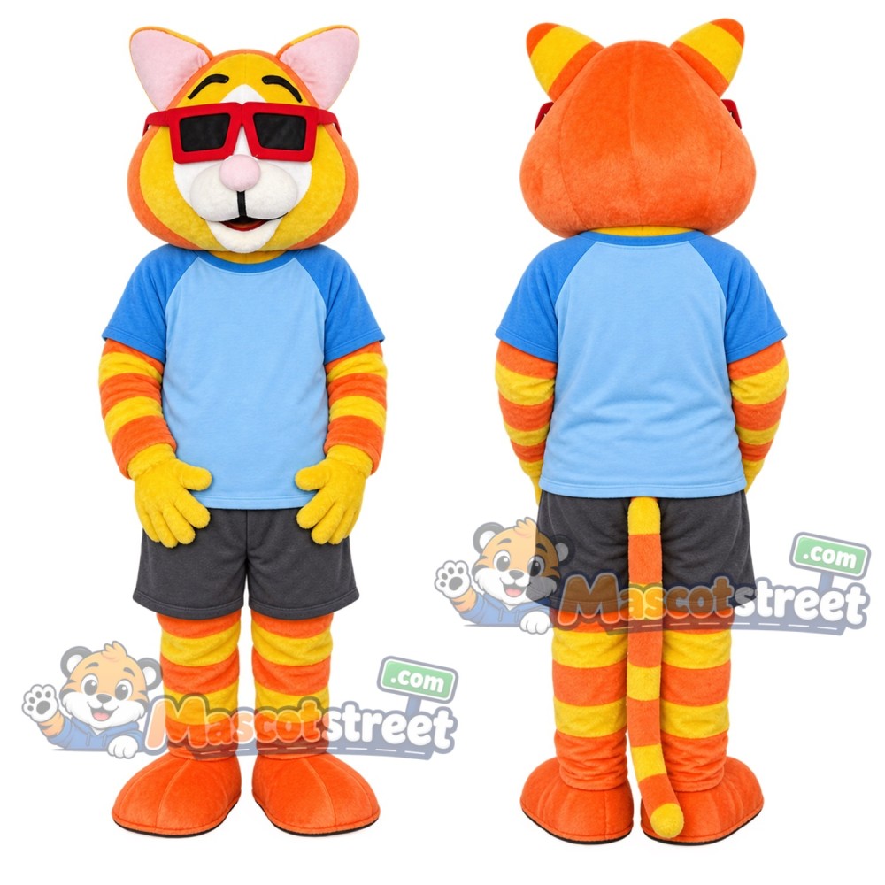 Orange Cat Mascot Costume with Blue Shirt and Sunglasses Orange Cat Mascot Costume with Blue Shirt and Sunglasses