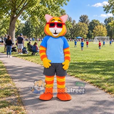 Orange Cat Mascot Costume with Blue Shirt and Sunglasses Orange Cat Mascot Costume with Blue Shirt and Sunglasses