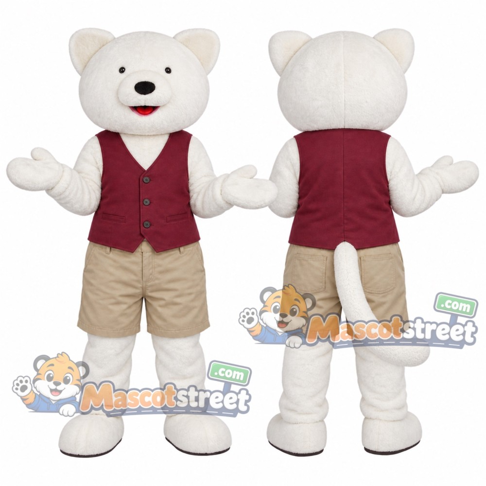 White Cat Mascot Costume with Burgundy Vest and Khaki Shorts White Cat Mascot Costume with Burgundy Vest and Khaki Shorts
