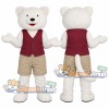 White Cat Mascot Costume with Burgundy Vest and Khaki Shorts