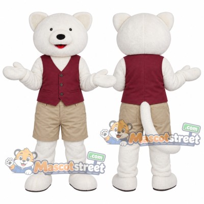 White Cat Mascot Costume with Burgundy Vest and Khaki Shorts White Cat Mascot Costume with Burgundy Vest and Khaki Shorts