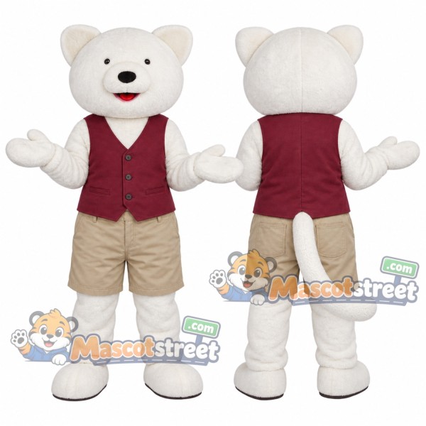 White Cat Mascot Costume with Burgundy Vest and Khaki Shorts
