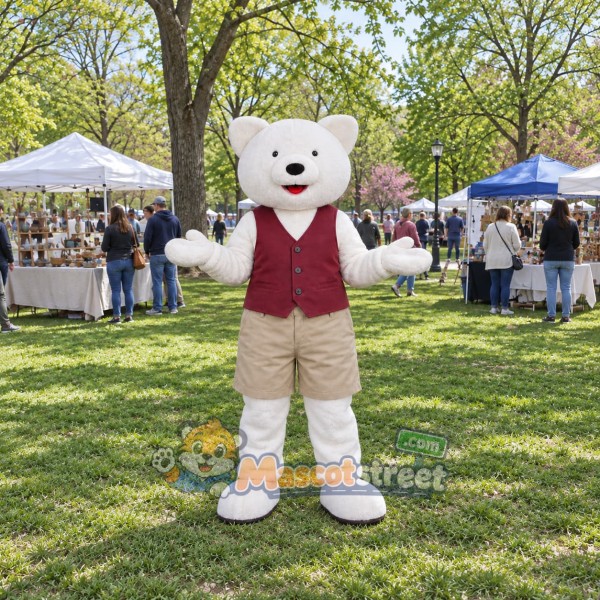 White Cat Mascot Costume with Burgundy Vest and Khaki Shorts
