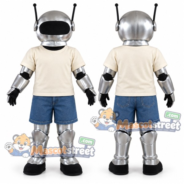 Silver Robot Mascot Costume with Cream Shirt and Blue Shorts