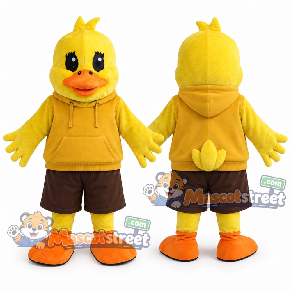 Yellow Duck Mascot Costume with Yellow Hoodie and Brown Shorts