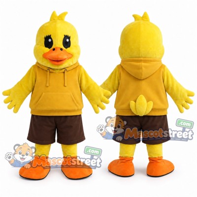 Yellow Duck Mascot Costume with Yellow Hoodie and Brown Shorts