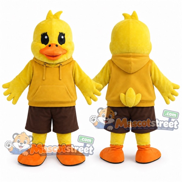 Yellow Duck Mascot Costume with Yellow Hoodie and Brown Shorts