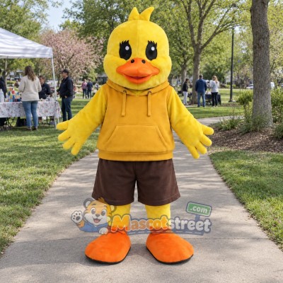 Yellow Duck Mascot Costume with Yellow Hoodie and Brown Shorts