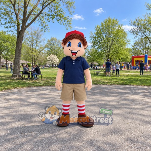 Boy Mascot Costume with Navy Shirt and Red Cap