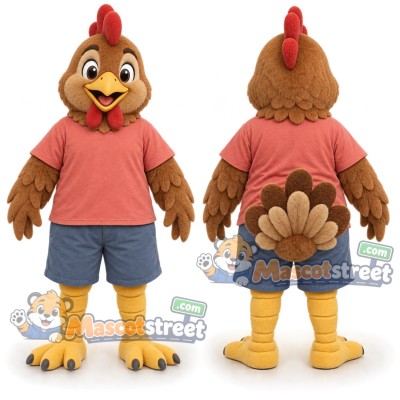 Brown Hen Mascot Costume with Coral Shirt and Blue Shorts