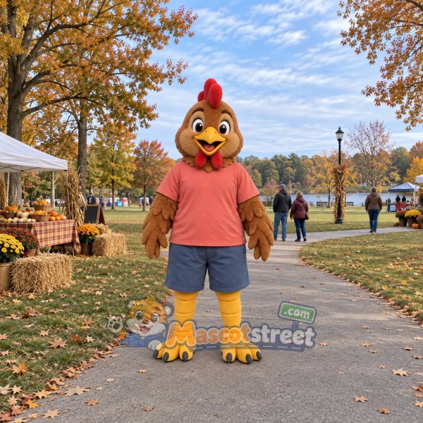 Brown Hen Mascot Costume with Coral Shirt and Blue Shorts