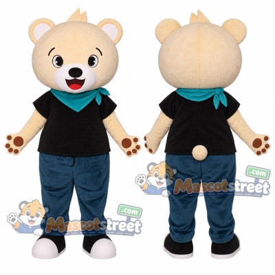 Cream Bear Mascot Costume with Black Shirt and Blue Pants