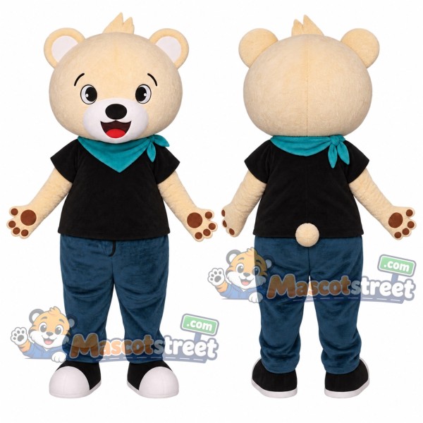 Cream Bear Mascot Costume with Black Shirt and Blue Pants