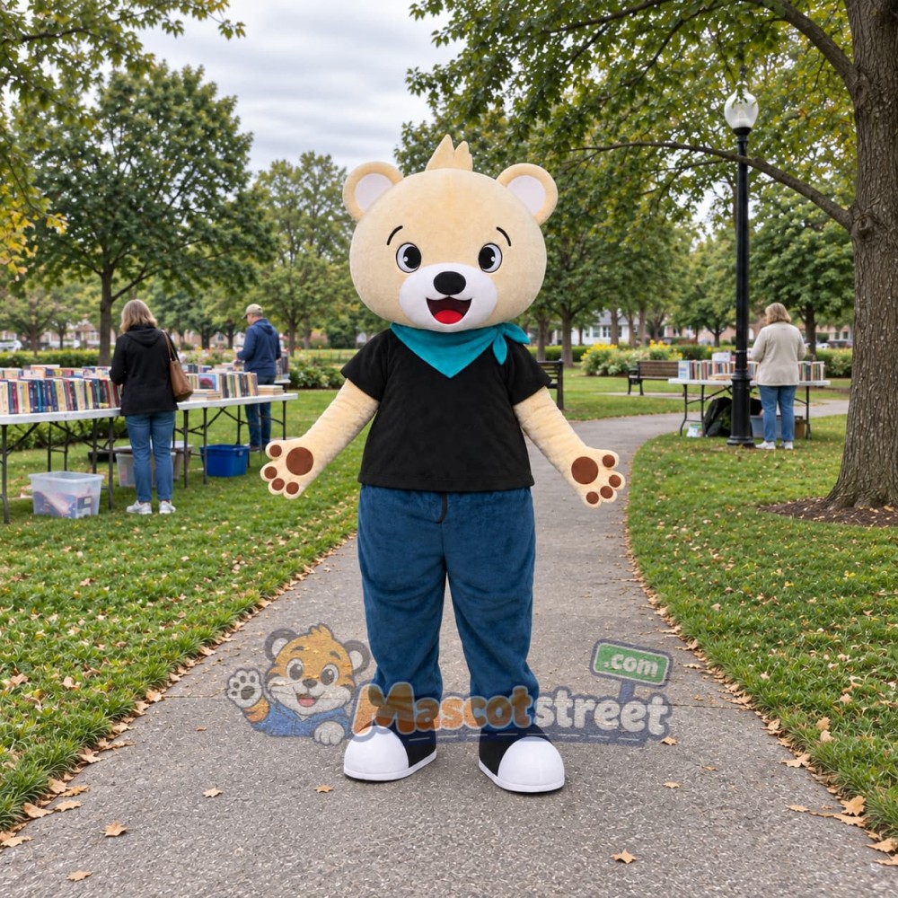 Cream Bear Mascot Costume with Black Shirt and Blue Pants