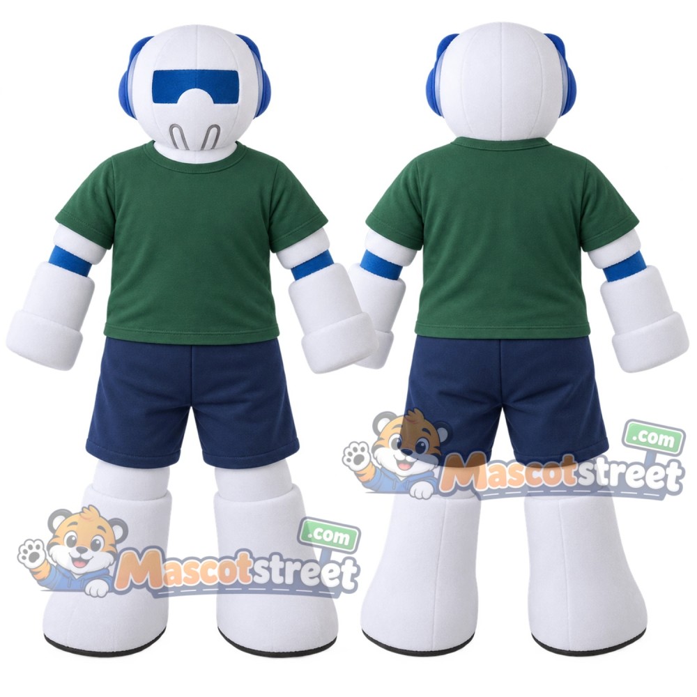 White Robot Mascot Costume with Green Shirt and Blue Shorts