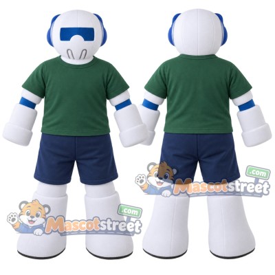 White Robot Mascot Costume with Green Shirt and Blue Shorts