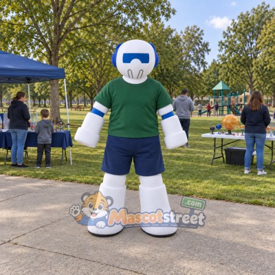 White Robot Mascot Costume with Green Shirt and Blue Shorts