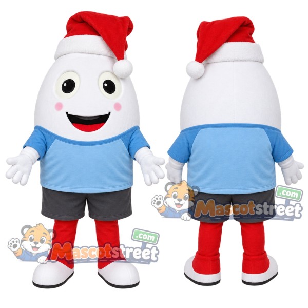 Christmas Egg Mascot Costume with Blue Shirt and Santa Hat