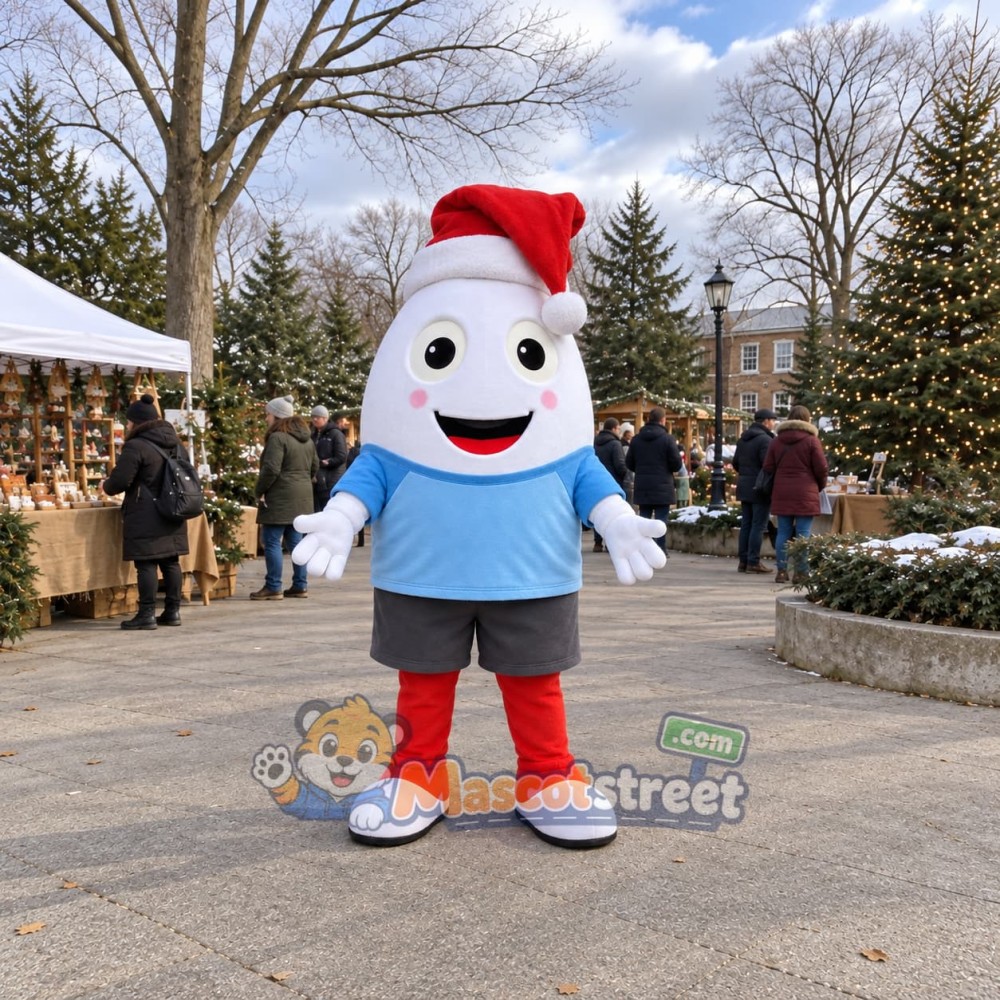 Christmas Egg Mascot Costume with Blue Shirt and Santa Hat Christmas Egg Mascot Costume with Blue Shirt and Santa Hat