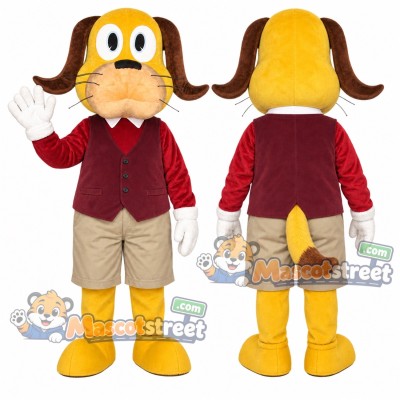 Yellow Dog Mascot Costume with Burgundy Jacket and Khaki Shorts