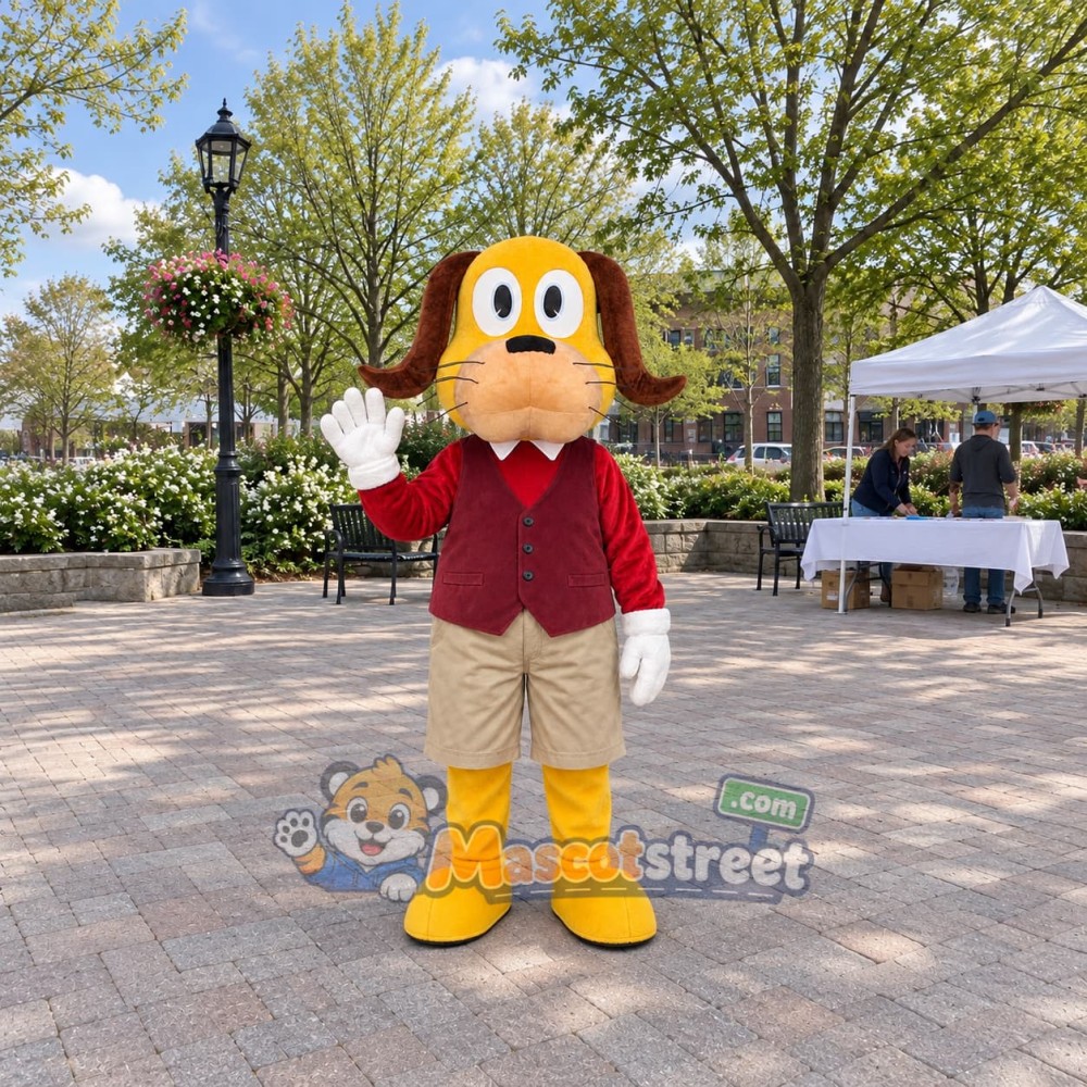 Yellow Dog Mascot Costume with Burgundy Jacket and Khaki Shorts