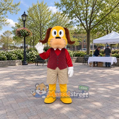 Yellow Dog Mascot Costume with Burgundy Jacket and Khaki Shorts